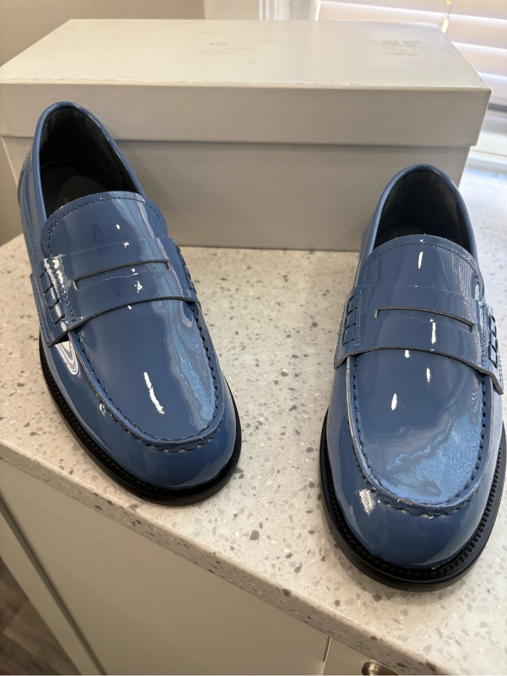 NEW Woman’s Patent Leather Penny Loafers in Glossy Slate Blue